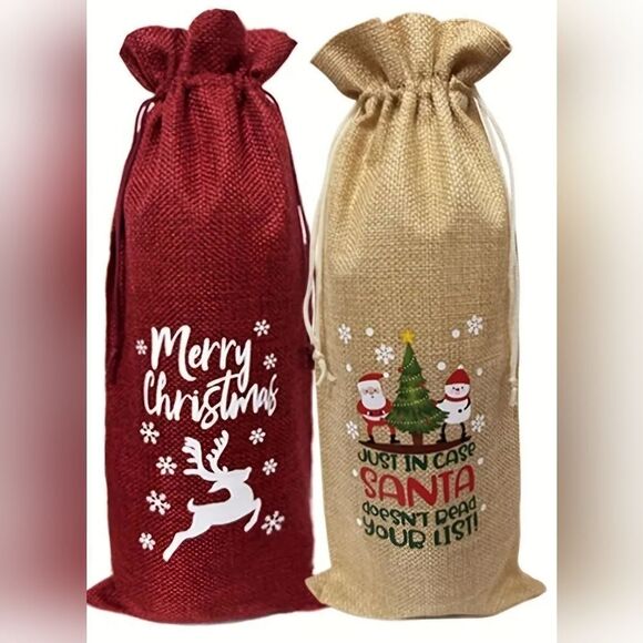Burlap Christmas 2 pcs Wine, Champagne, & 750 ml liquor bottle gift bag - Picture 5 of 6